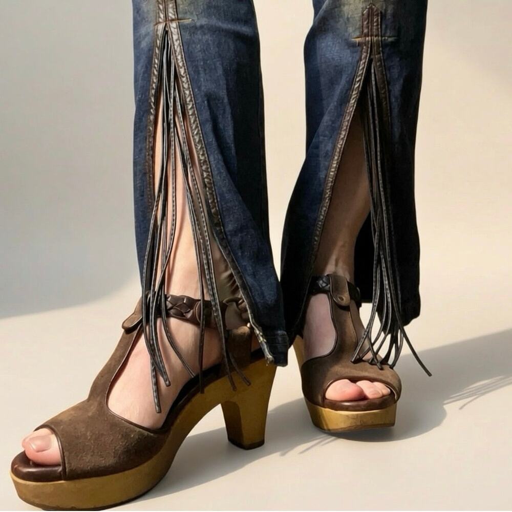 VGUC - Frye Stephanie Braided T Brown Suede Wooden Platform Heels